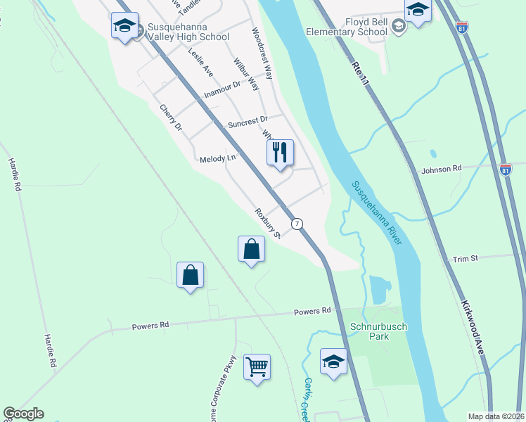 map of restaurants, bars, coffee shops, grocery stores, and more near 6 Stratford St in Conklin