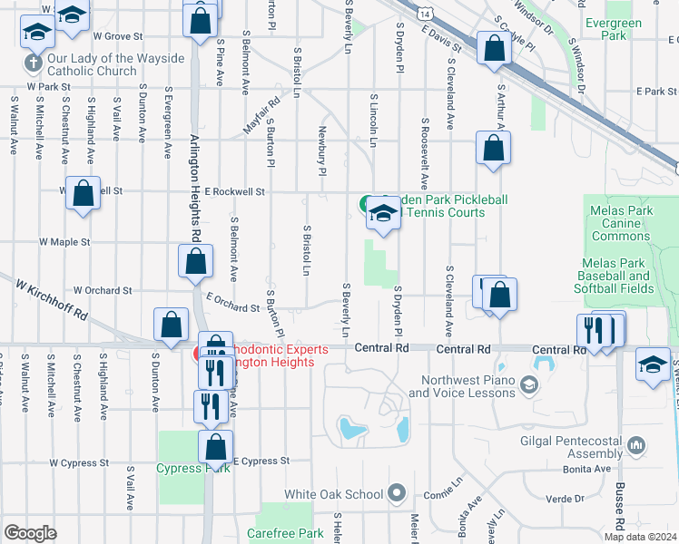 map of restaurants, bars, coffee shops, grocery stores, and more near 824 South Beverly Lane in Arlington Heights