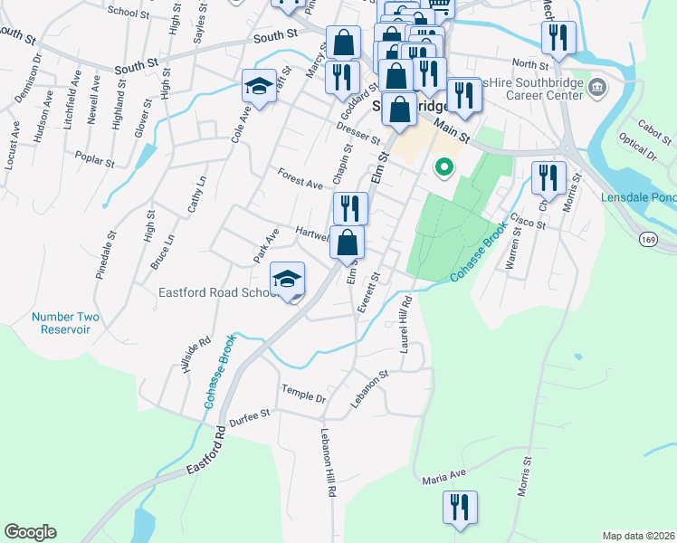 map of restaurants, bars, coffee shops, grocery stores, and more near 93 Eastford Road in Southbridge