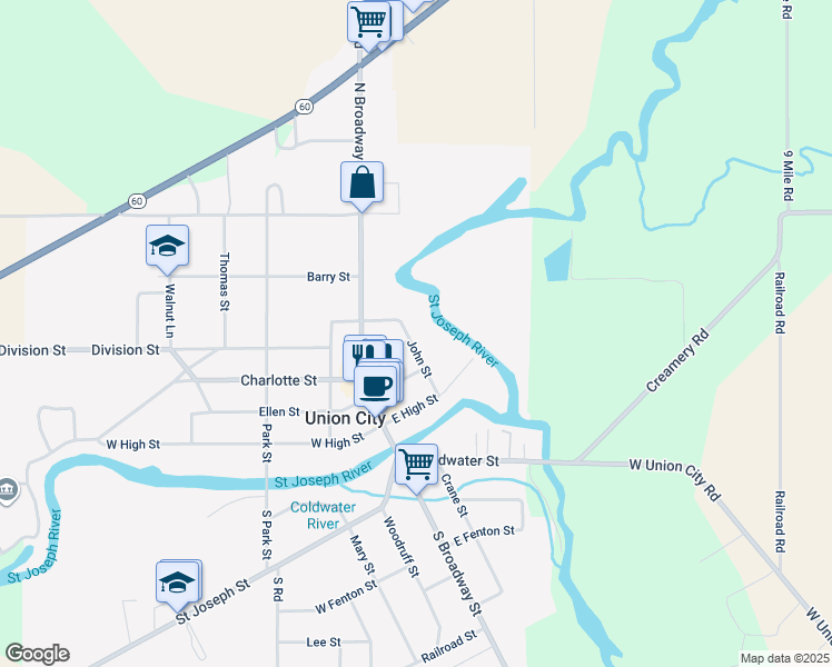 map of restaurants, bars, coffee shops, grocery stores, and more near 402 John Street in Union City