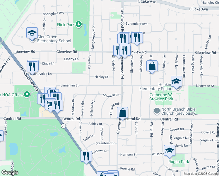 map of restaurants, bars, coffee shops, grocery stores, and more near 3311 Linneman Street in Glenview