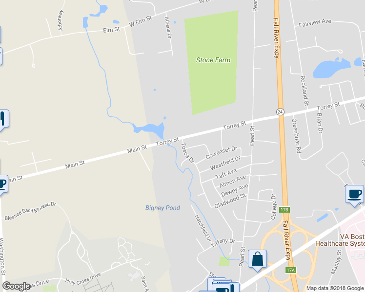 map of restaurants, bars, coffee shops, grocery stores, and more near 15 Tosca Drive in Brockton