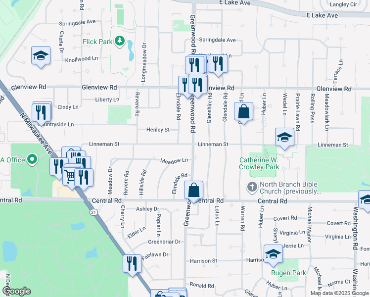 map of restaurants, bars, coffee shops, grocery stores, and more near 3301 Linneman Street in Glenview