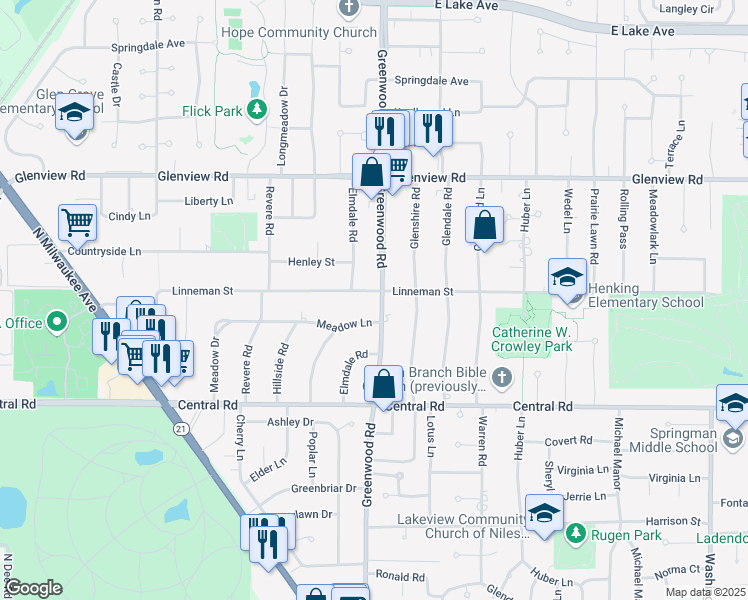map of restaurants, bars, coffee shops, grocery stores, and more near 3301 Linneman Street in Glenview