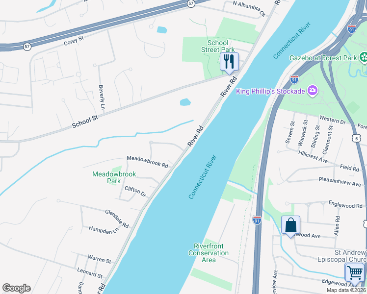 map of restaurants, bars, coffee shops, grocery stores, and more near 815 River Road in Agawam