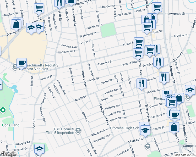 map of restaurants, bars, coffee shops, grocery stores, and more near 154 Myrtle Street in Brockton