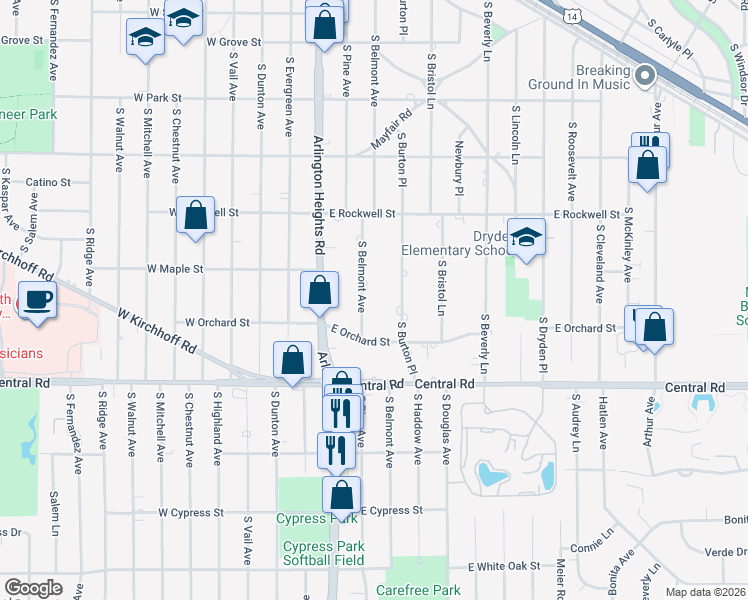 map of restaurants, bars, coffee shops, grocery stores, and more near 769 South Belmont Avenue in Arlington Heights