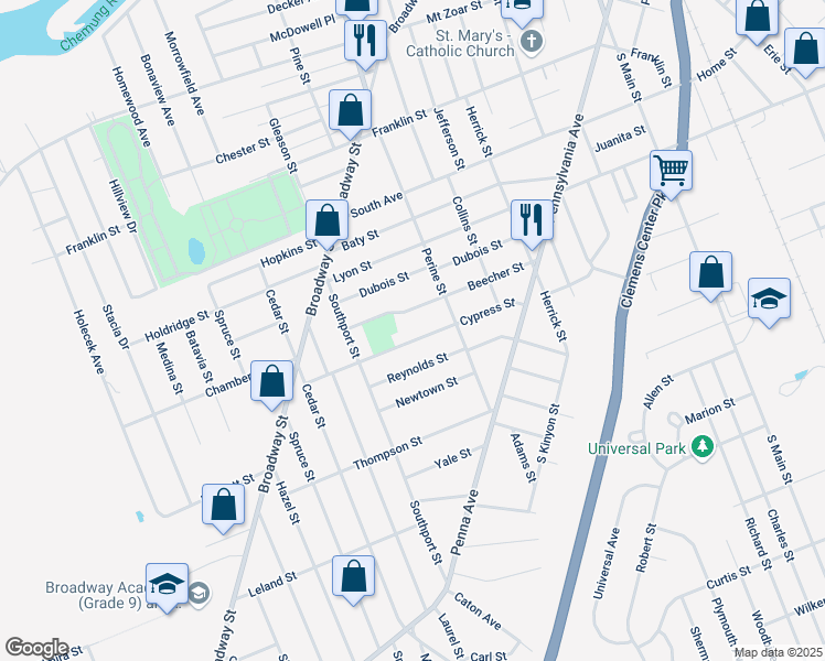 map of restaurants, bars, coffee shops, grocery stores, and more near 806 Pennsylvania Avenue in Elmira