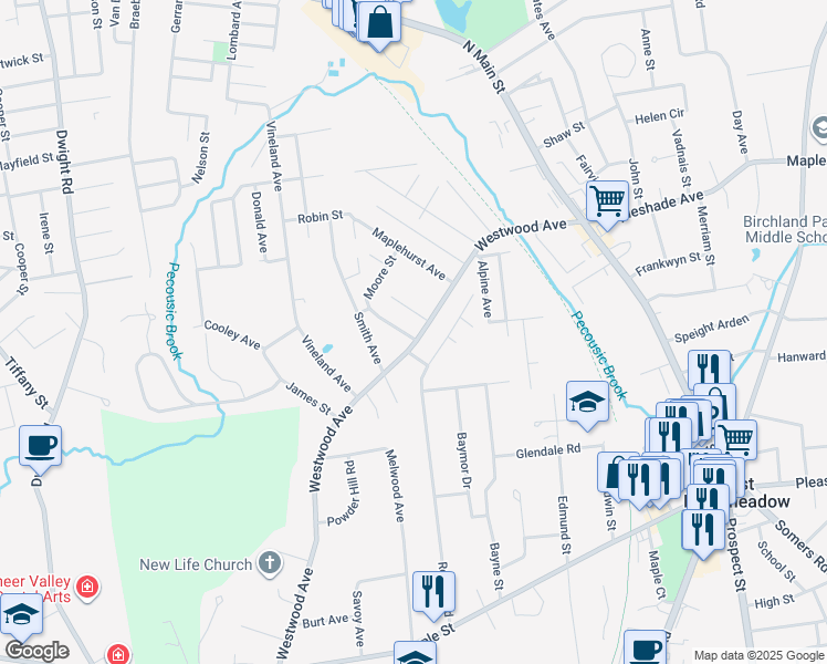 map of restaurants, bars, coffee shops, grocery stores, and more near 5 Voyer Avenue in East Longmeadow