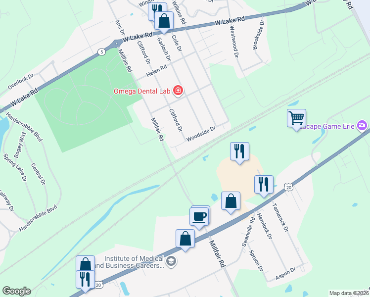 map of restaurants, bars, coffee shops, grocery stores, and more near 5505 Woodside Dr in Erie