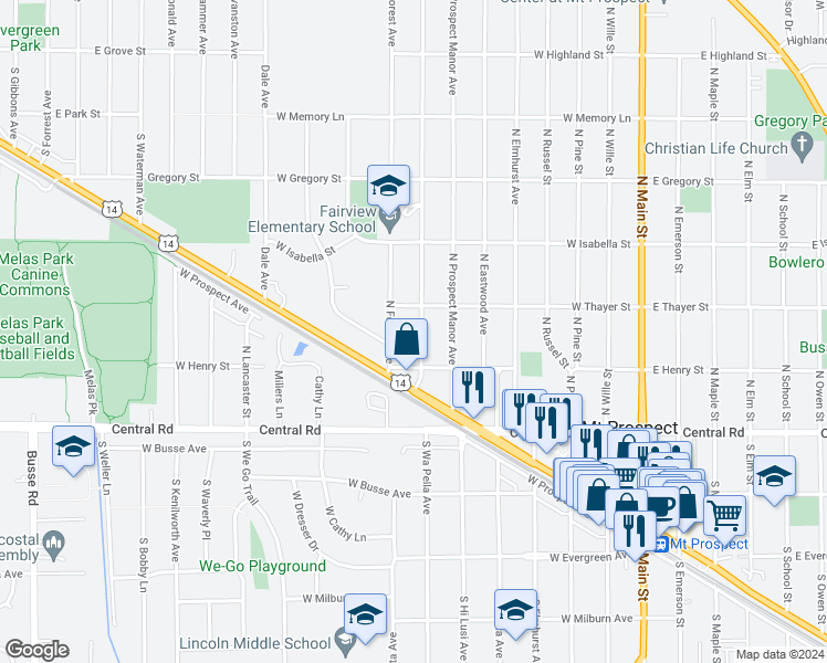 map of restaurants, bars, coffee shops, grocery stores, and more near 112 North Fairview Avenue in Mount Prospect