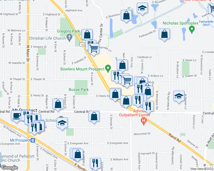 map of restaurants, bars, coffee shops, grocery stores, and more near 990 Mount Prospect Plaza in Mount Prospect