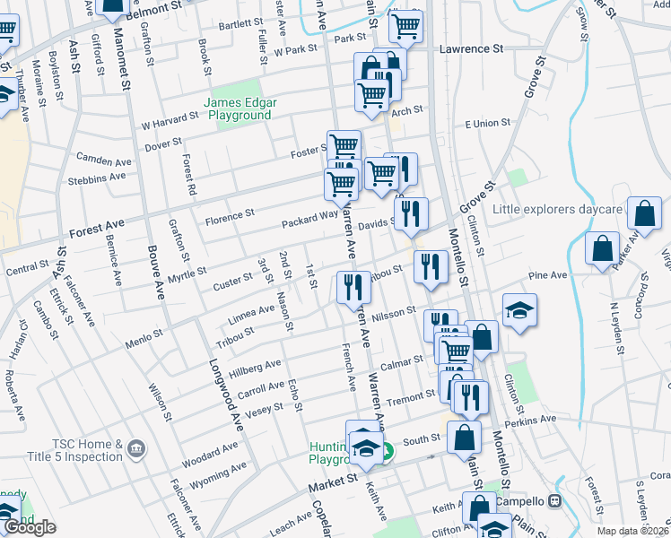 map of restaurants, bars, coffee shops, grocery stores, and more near 36 Menlo Street in Brockton