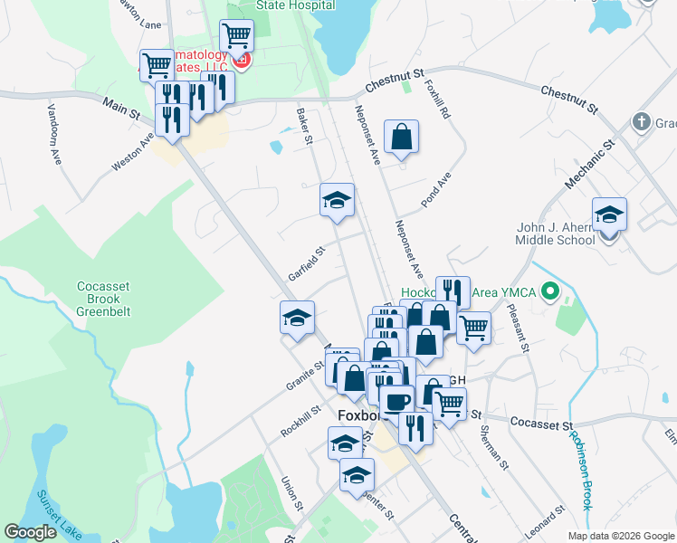 map of restaurants, bars, coffee shops, grocery stores, and more near 26 Baker Street in Foxborough