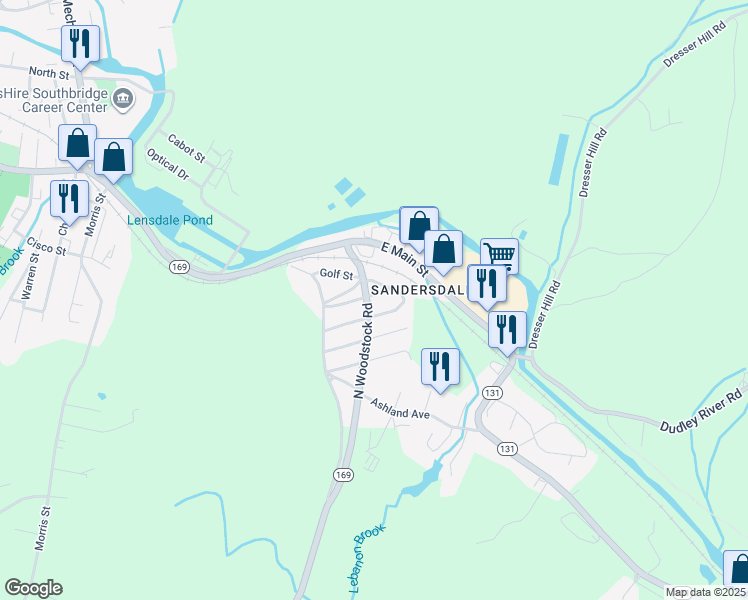 map of restaurants, bars, coffee shops, grocery stores, and more near 65 Jennison Street in Southbridge
