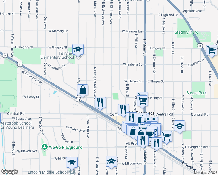 map of restaurants, bars, coffee shops, grocery stores, and more near 110 North Elmhurst Avenue in Mount Prospect