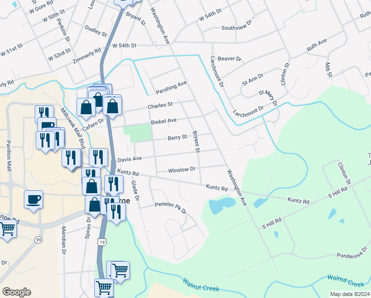 map of restaurants, bars, coffee shops, grocery stores, and more near 1626 Davis Ave in Erie