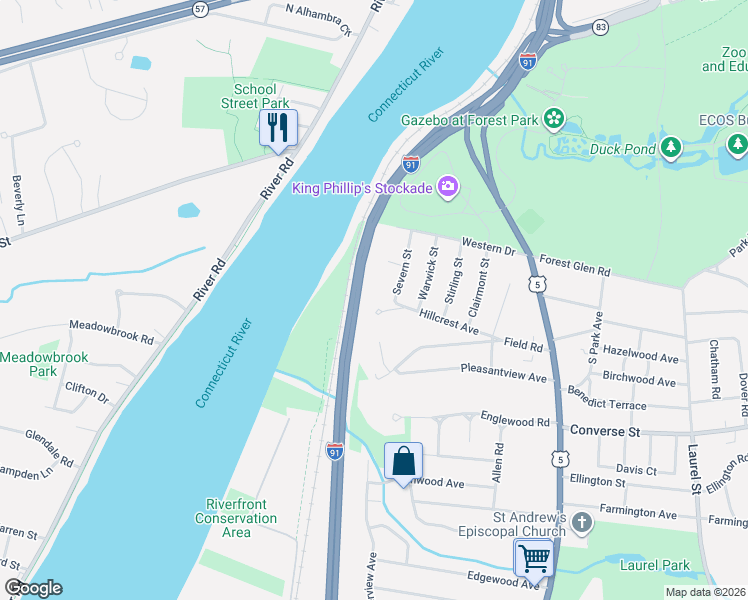 map of restaurants, bars, coffee shops, grocery stores, and more near Interstate 91 in Longmeadow