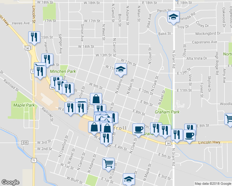map of restaurants, bars, coffee shops, grocery stores, and more near 899 North Adams Street in Carroll