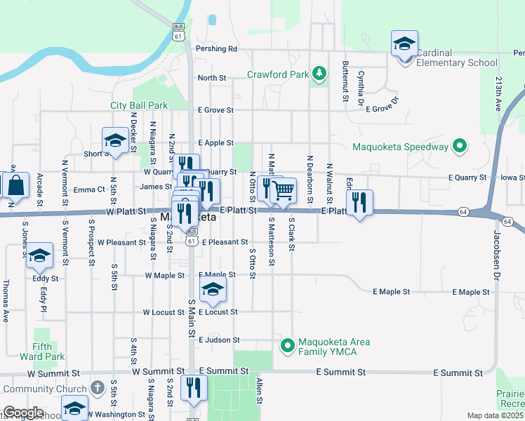 map of restaurants, bars, coffee shops, grocery stores, and more near 101-199 S Otto St in Maquoketa