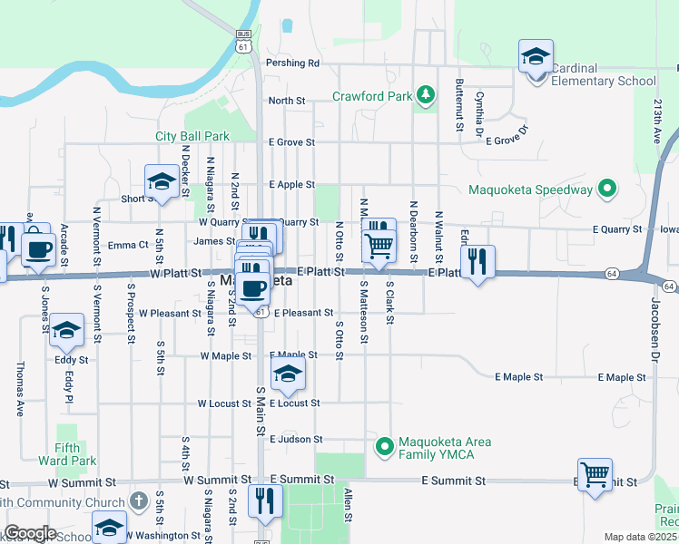 map of restaurants, bars, coffee shops, grocery stores, and more near 101 South Otto Street in Maquoketa