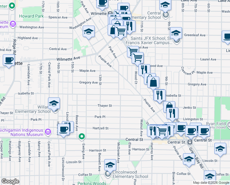 map of restaurants, bars, coffee shops, grocery stores, and more near 1206 Isabella Street in Wilmette