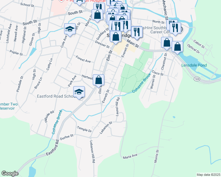 map of restaurants, bars, coffee shops, grocery stores, and more near 197 Everett Street in Southbridge