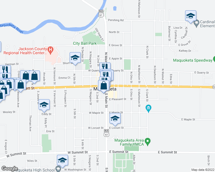map of restaurants, bars, coffee shops, grocery stores, and more near 117 East Platt Street in Maquoketa