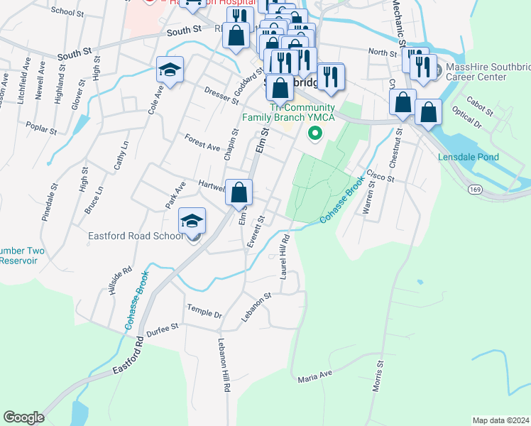 map of restaurants, bars, coffee shops, grocery stores, and more near 199 Everett Street in Southbridge