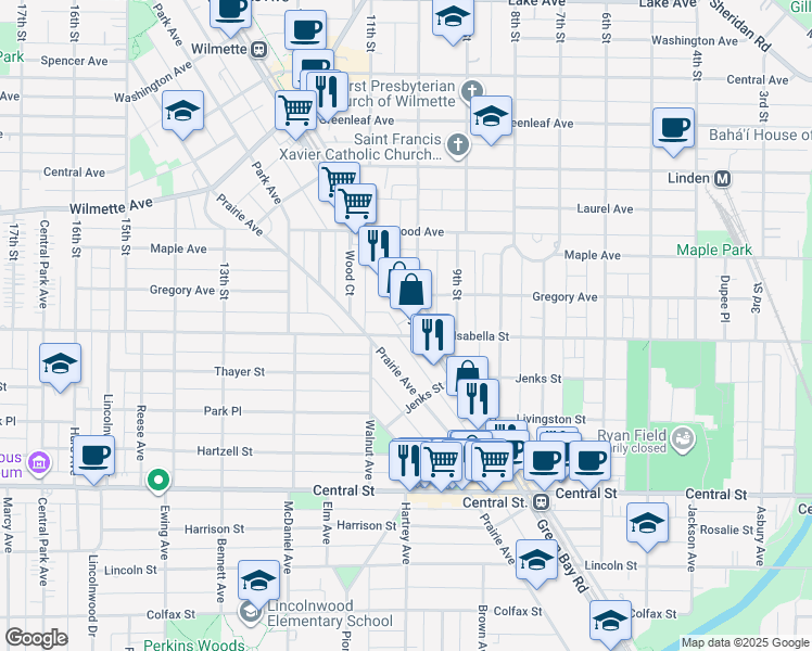 map of restaurants, bars, coffee shops, grocery stores, and more near 107 Green Bay Road in Wilmette