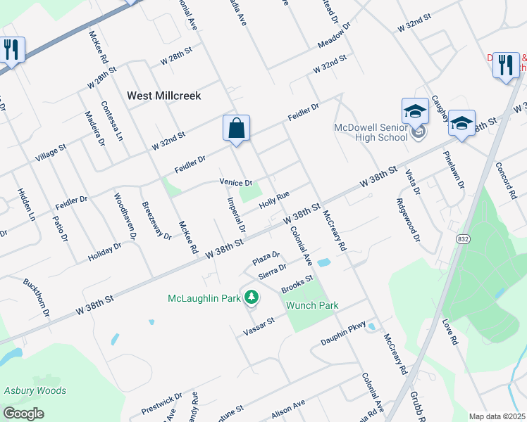 map of restaurants, bars, coffee shops, grocery stores, and more near 4027 Holly Rue in Erie