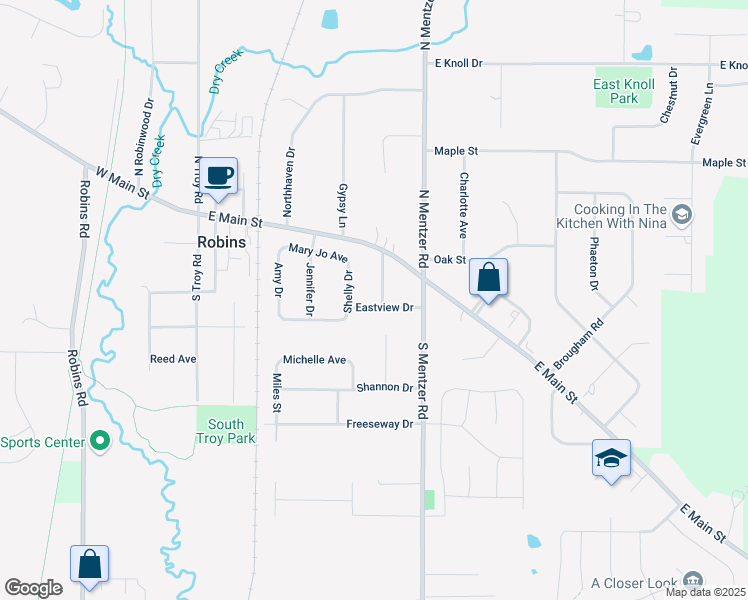 map of restaurants, bars, coffee shops, grocery stores, and more near 595 Eastview Drive in Robins