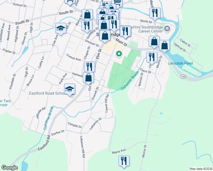 map of restaurants, bars, coffee shops, grocery stores, and more near 20 Cohasse Street in Southbridge