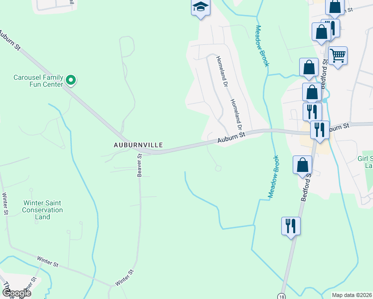 map of restaurants, bars, coffee shops, grocery stores, and more near 728 Auburn Street in Whitman