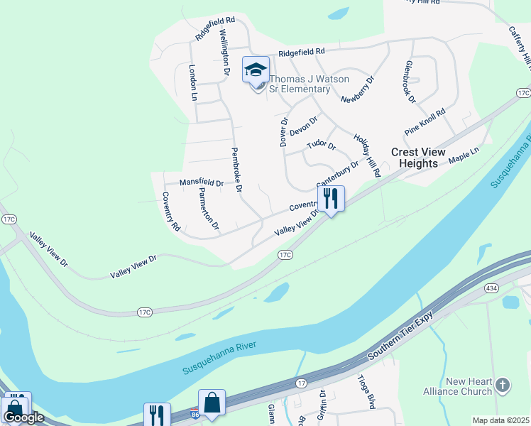 map of restaurants, bars, coffee shops, grocery stores, and more near 34 Coventry Road in Endicott