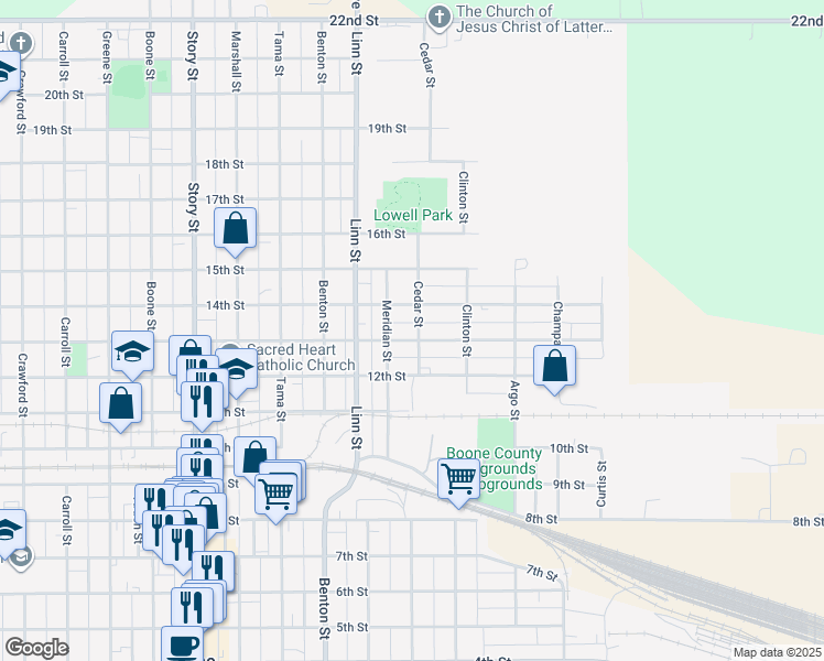 map of restaurants, bars, coffee shops, grocery stores, and more near 1421 13th Street in Boone