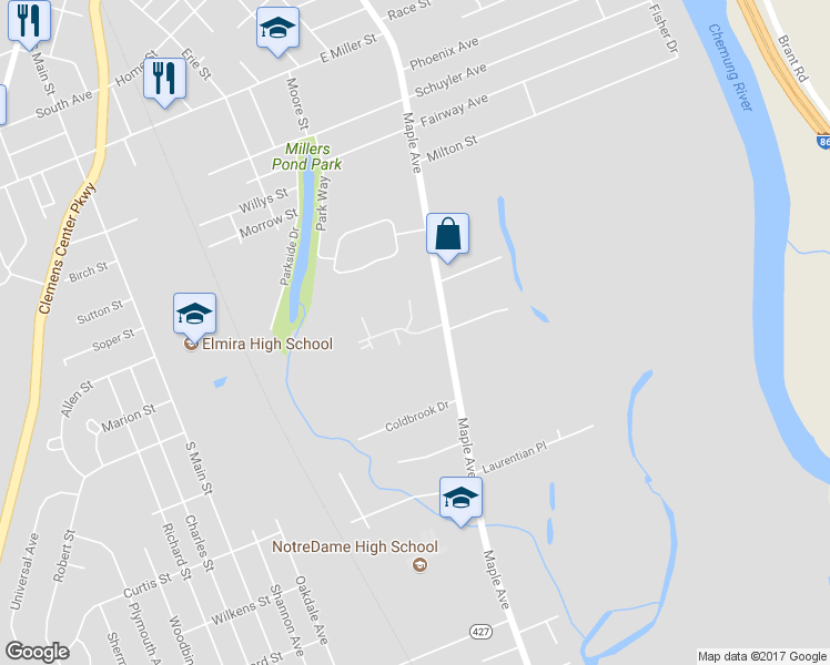 map of restaurants, bars, coffee shops, grocery stores, and more near 68 Cherrywood Manor Drive in Elmira