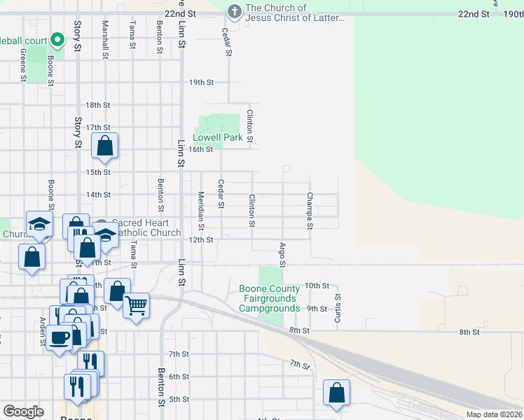 map of restaurants, bars, coffee shops, grocery stores, and more near 1627 13th Street in Boone