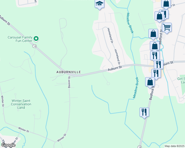map of restaurants, bars, coffee shops, grocery stores, and more near 777 Auburn Street in Whitman