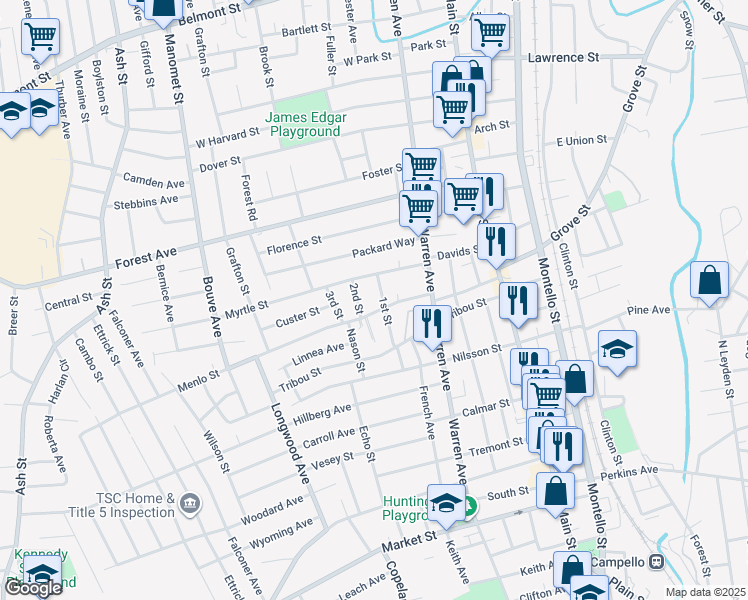map of restaurants, bars, coffee shops, grocery stores, and more near 63 Menlo Street in Brockton