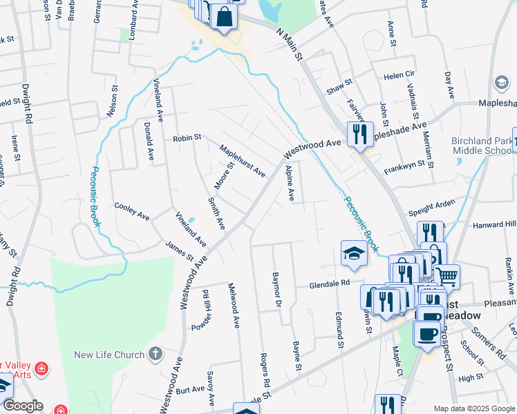map of restaurants, bars, coffee shops, grocery stores, and more near 5 Voyer Avenue in East Longmeadow