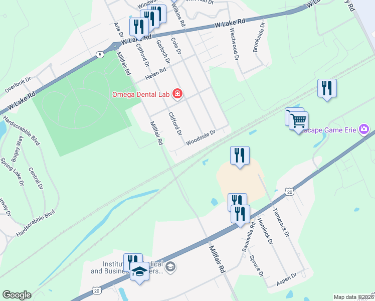 map of restaurants, bars, coffee shops, grocery stores, and more near 5505 Woodside Dr in Erie