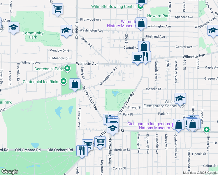 map of restaurants, bars, coffee shops, grocery stores, and more near 2103 Pioneer Lane in Wilmette