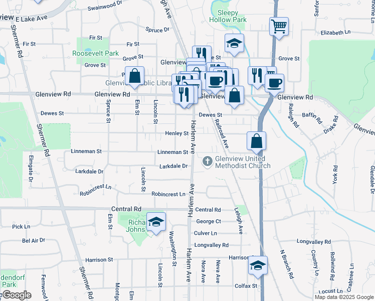 map of restaurants, bars, coffee shops, grocery stores, and more near 1910 Linneman Street in Glenview