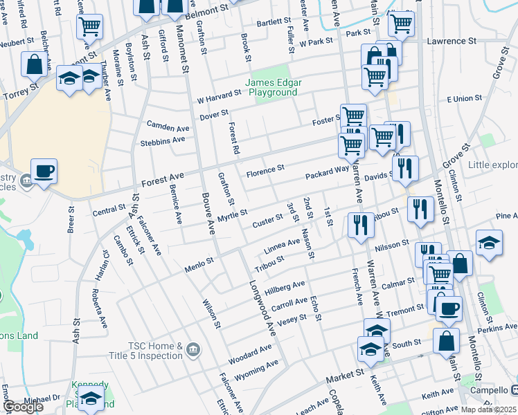 map of restaurants, bars, coffee shops, grocery stores, and more near 140 Myrtle Street in Brockton