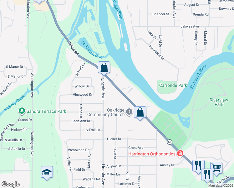 map of restaurants, bars, coffee shops, grocery stores, and more near 2670 Niles Road in St. Joseph