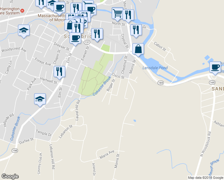 map of restaurants, bars, coffee shops, grocery stores, and more near 45 Warren Street in Southbridge