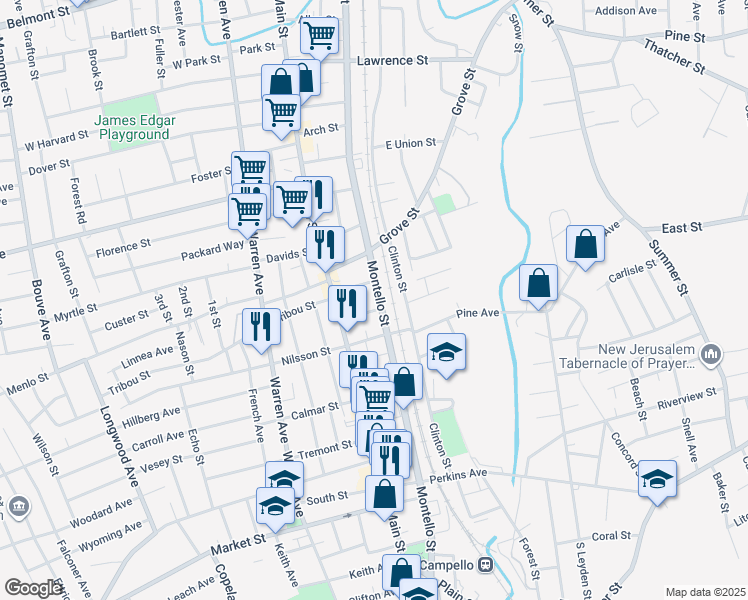 map of restaurants, bars, coffee shops, grocery stores, and more near 21 Grand Street in Brockton
