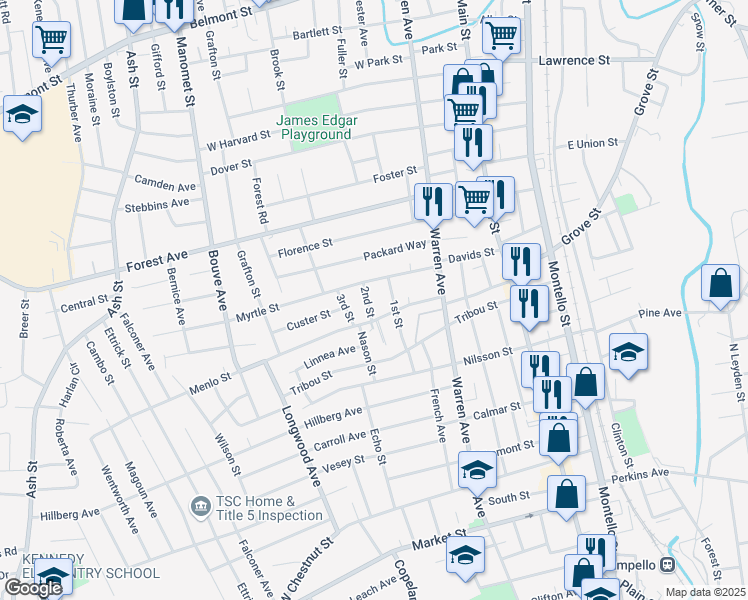 map of restaurants, bars, coffee shops, grocery stores, and more near 63 Menlo Street in Brockton