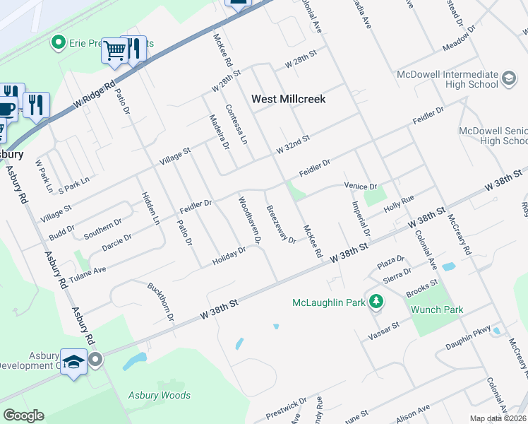 map of restaurants, bars, coffee shops, grocery stores, and more near 3504 Breezeway Drive in Erie